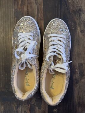 Betsey Johnson Gold Crystal Floral Lace-Up Sneakers